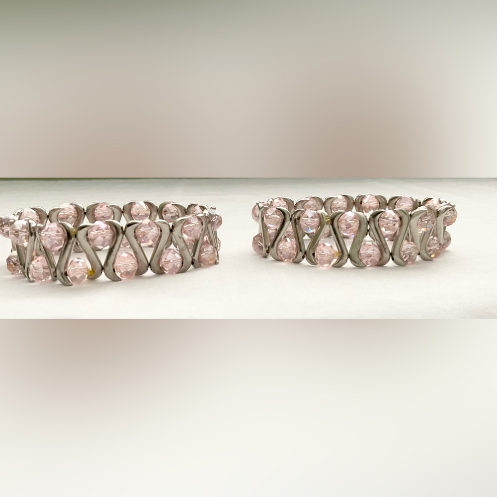 BEADED PINK AND METAL FAUX RHINESTONE BRACELETS - LIKE NEW